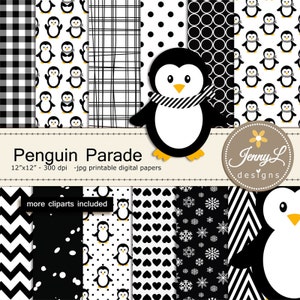 Papel digital de pingüinos y imágenes prediseñadas, Pingüinos de nieve de invierno para Baby Shower, Cumpleaños y Tema de fiesta de papel de álbum de recortes,