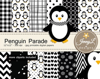 Penguin Digital Paper and Clipart, Winter Snow Penguins for Baby Shower, Birthday  and Scrapbooking Paper Party Theme,