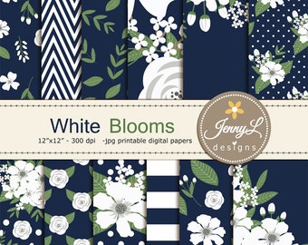 White Floral digital paper,  Navy Blue Wedding Flower Paper Digital scrapbooking, invitations, birthday, wedding, Planners