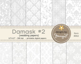 Damask Wedding Digital Papers, Baptismal White Gray Background Papers for Digi-Scrapping, Cards, Invitations