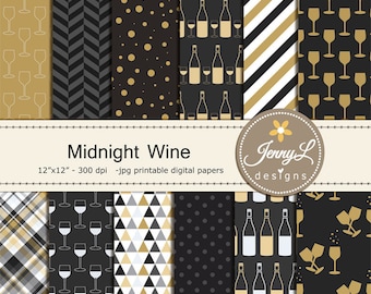 Wine Digital Papers, Wine Glass, Wine Bottle New Year for Digital scrapbooking, invitations, birthday, wedding, planner