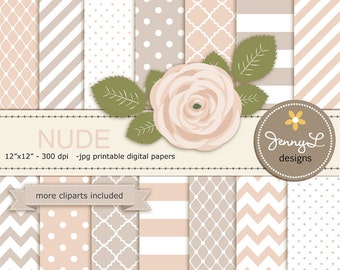 Nude Digital Paper, Cream Beige Rose Flower Clipart for Wedding, Bridal Baby Shower, Birthday, Digital Scrapbooking, Invites