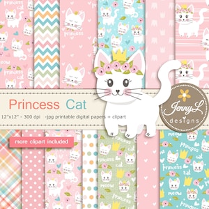 Princess Cat Digital Papers and Clipart SET for Digital Scrapbooking, Planners, Stickers, Invitations, Birthday