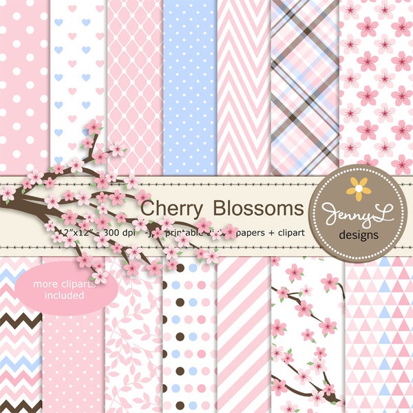 Cherry Blossoms Digital Paper and Clipart, Japanese Sakura for Wedding, Bridal Baby Shower, Birthday Party, Digital Scrapbooking,