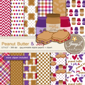 Pindakaas en gelei digitale papers en aardbei, druivenjam clipartset, eten, snack ontbijt voor scrapbooking, uitnodiging, planner