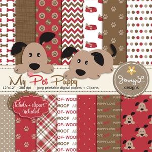 Papéis digitais para cães, clipart de filhote de cachorro de estimação, tema vermelho e marrom, clipart de cachorro, papel para scrapbooking de patas, papel digital de animal, amor de cachorrinho