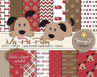 Dog Digital papers, Pet Puppy Clipart, Red and Brown Theme, Dog Clipart, Paws Scrapbooking Paper, Animal Digital Paper, Puppy Love