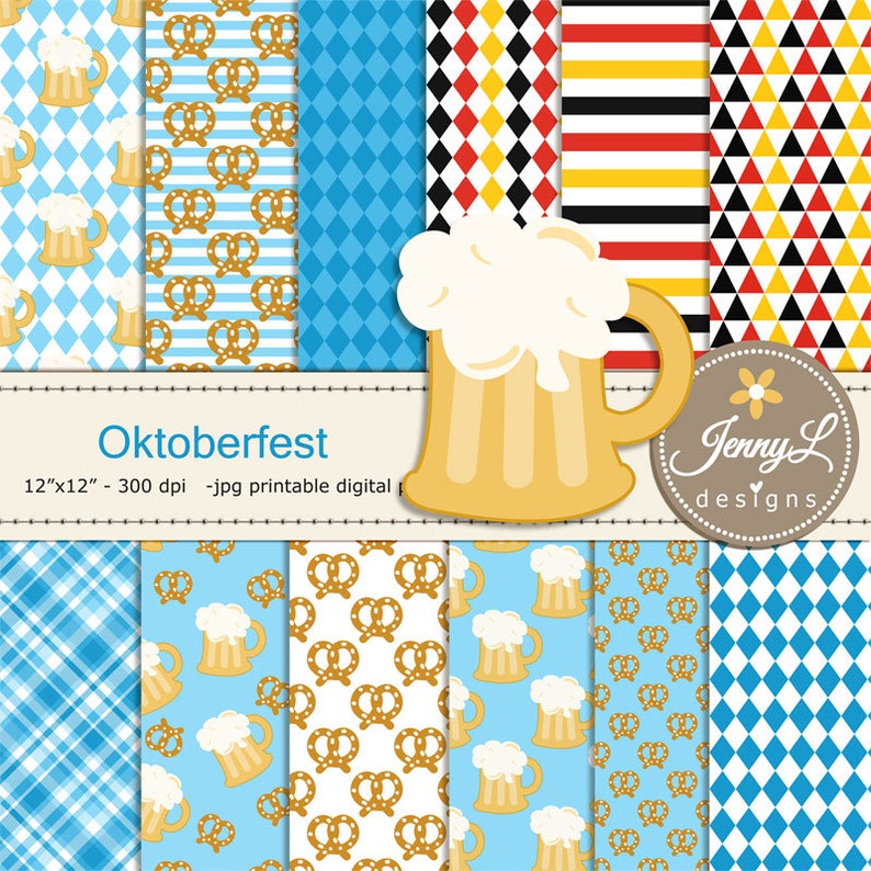 Puede incluir: Un conjunto de dise&ntilde;os de papel digital de 30,5 x 30,5 cm con temas de Oktoberfest. Los dise&ntilde;os incluyen patrones de cuadros azules y blancos, patrones de diamantes azules y blancos, patrones de rayas rojas, amarillas y negras, y patrones con pretzels y jarras de cerveza.