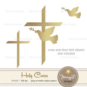 Gold Baptism Digital Papers, First Communion, Religious, Christening, Holy Week Cross and Dove Baptismal Clipart, Dedication, Planner image 2