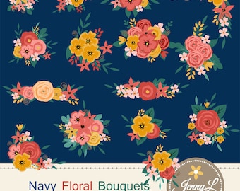 Clipart de ramo de flores azul marino, flores de boda de melocotón, racimos de flores en mal estado, arreglo floral para scrapbooking digital, boda,