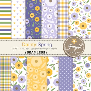 Può includere: Un set di 12 carte digitali con una varietà di motivi a tema primaverile. I motivi includono strisce, pois, cuori, gingham e disegni floreali in tonalità di giallo, viola e bianco. Le carte misurano 30,5 cm per 30,5 cm e 300 dpi.