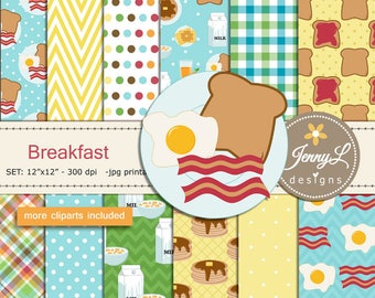 Breakfast Digital papers and Clipart SET, American Food, Coffee, Waffle, Milk, Bacon, Egg for Birthday, Digital Scrapbooking, Planner