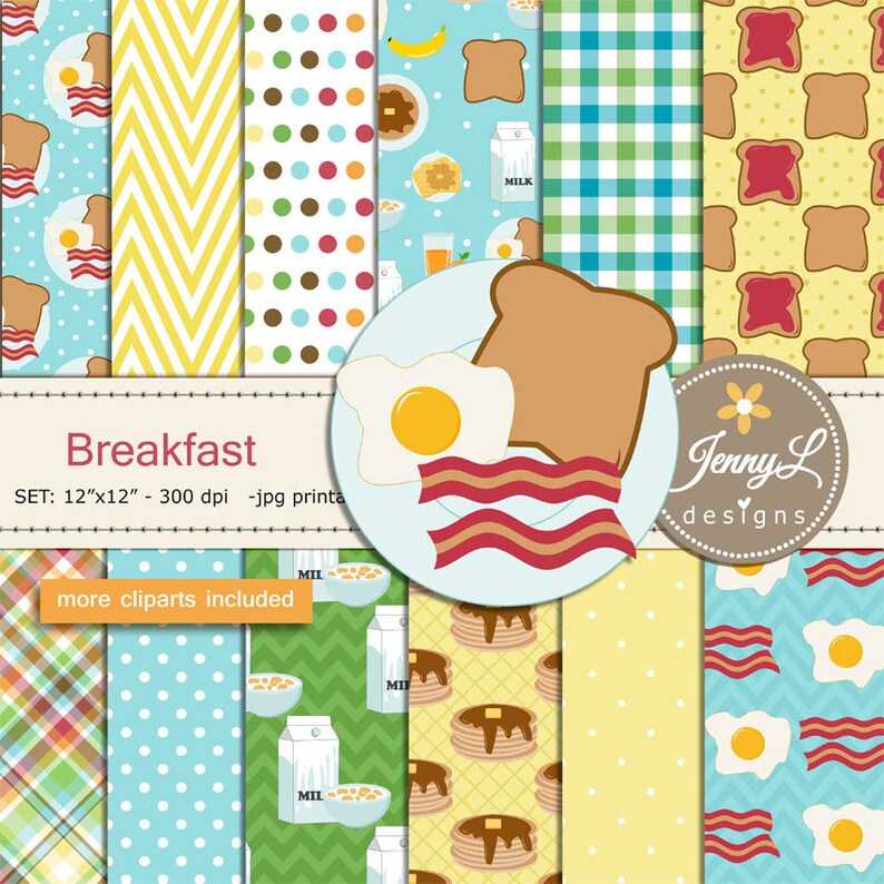 Breakfast Digital papers and Clipart SET, American Food, Coffee, Waffle, Milk, Bacon, Egg for Birthday, Digital Scrapbooking, Planner image 1