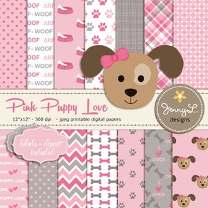 Pink and Gray Puppy Dog, Girl Dog Digital papers, Pet Digital Paper, Dog Clipart, Paws Scrapbooking Paper, Animal Digital Paper, Puppy Love