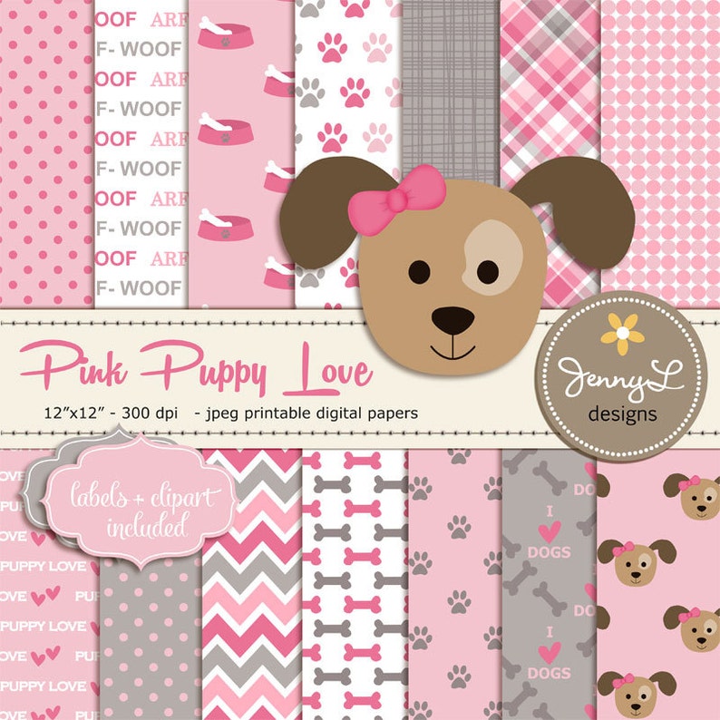Peut inclure: Ensemble de papiers num&eacute;riques roses et gris avec des motifs sur le th&egrave;me des chiots. Comprend des empreintes de pattes, des os, des pois, des chevrons, du plaid et un visage de chiot. Le texte "Pink Puppy Love" et "labels + clipart included" est &eacute;galement inclus.