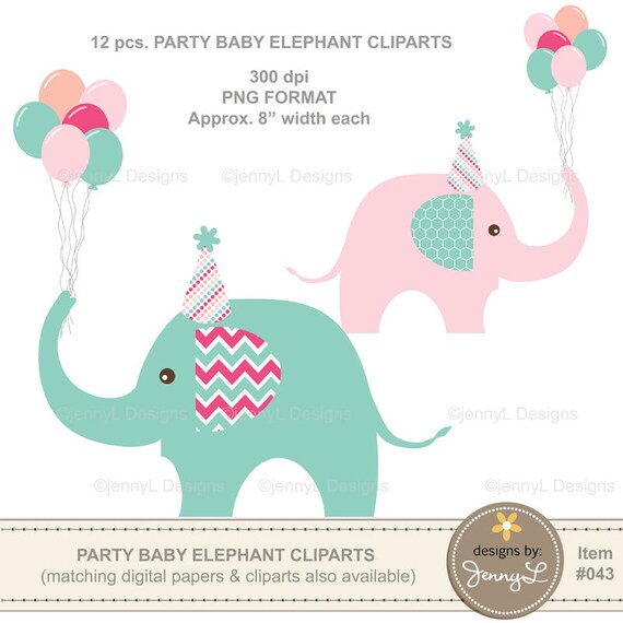 Items similar to Party Baby Elephant Cliparts, Pink and Mint Elephant ...