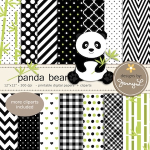 Papéis e clipart digitais do urso panda, scrapbooking digital de bambu com coração costurado, convites, tema de festa de chá de bebê de aniversário