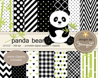 Panda Bear Digital Papers and Clipart, Stitched Heart Bamboo Digital Scrapbooking, Invitations, Birthday Baby Shower Party Theme
