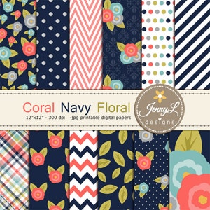 Coral Navy Florales digitales Papier, Korallenblumen für digitales Scrapbooking, Einladungen, Geburtstag, Hochzeit, Planer