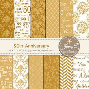 50-jähriges Jubiläum Digitale Papiere, Goldene Damast-Hochzeit für digitales Scrapbooking, Einladungen