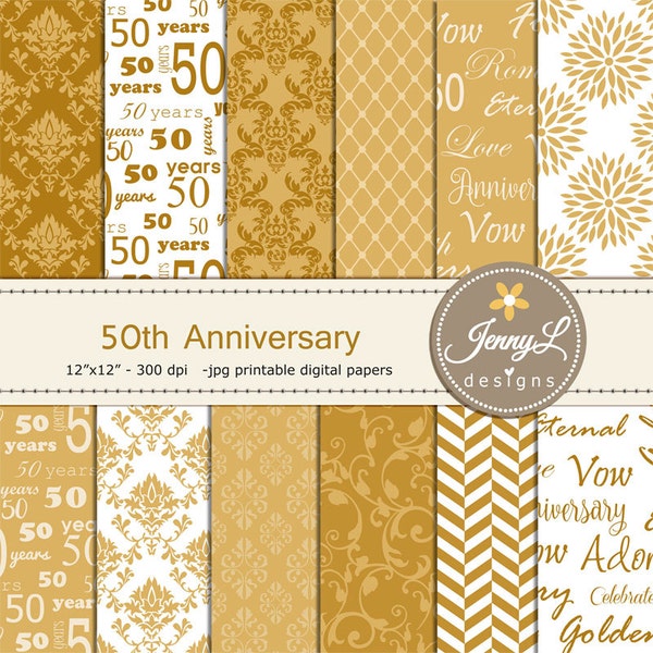 50th Anniversary Digital Papers, Golden Damask Wedding, Nuptial for Digital scrapbooking, Invitations