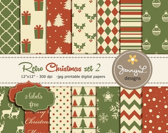 Retro Christmas, Christmas Digital Paper, Vintage Christmas Papers, Holiday Digital Scrapbooking Paper, Antique, Red and Green Christmas
