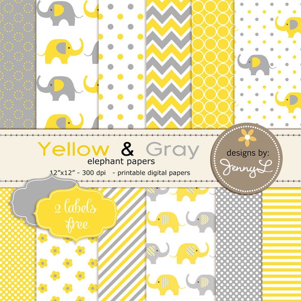 Yellow and Gray / Grey Elephants Digital Papers, Baptismal Digital Paper, Baby Digital Paper, Baby Shower, Baby Baptism colors, Nursery Room