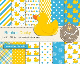 Rubber Duck Digital papers and Clipart SET, Rubber ducky, Animal for Birthday, Baby Shower, baptism Scrapbookin, Planner