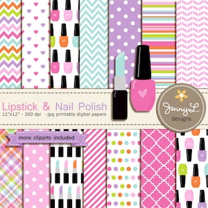 Rouge à lèvres et vernis à ongles papier numérique et clipart, maquillage couleur des ongles pour la fête des mères Spa Girl, anniversaire de fête, papier scrapbooking