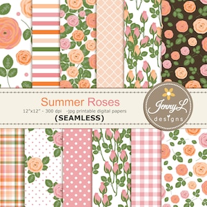 Zomer NAADLOOS digitaal papier, rozen bloemen herhalen patroon achtergrondpapier voor digitale scrapbooking, planners