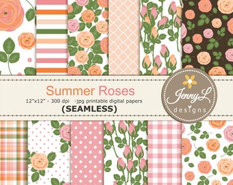 Summer SEAMLESS Digital Papers, Roses Flower Repeat Pattern Background Paper for Digital Scrapbooking, Planners