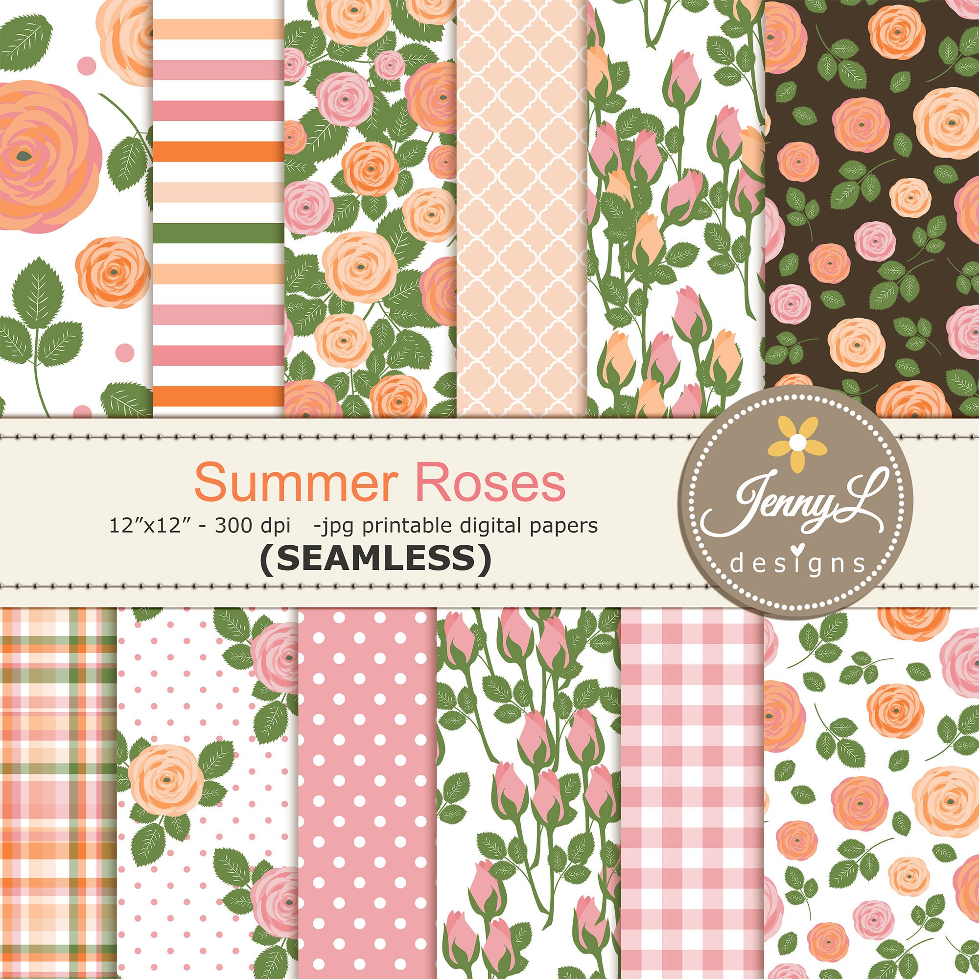 Summer SEAMLESS Digital Papers, Roses Flower Repeat Pattern Background Paper for Digital Scrapbooking, Planners