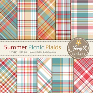 May include: Digital papers with diverse plaid designs in red, blue, beige, and white. The text "Summer Picnic Plaids" is displayed above the patterns. The papers are 30.48cm x 30.48cm and 300 dpi.