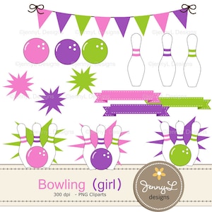 Bolas de bolos, Alfileres, Strike Clipart para cumpleaños, Scrapbooking digital, Boda, Bautismo, Pink Girl Bowling