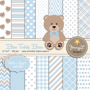 Blauwe teddybeer digitale papieren, teddybeer clipart, babyshower, doopsel, kinderdagverblijf, scrapbookingpapieren, verjaardag, babyjongen, blauw en bruin