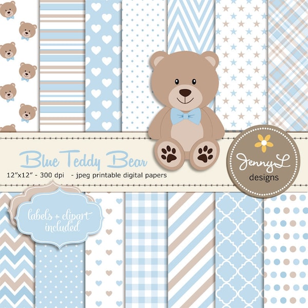 Blue Teddy Bear Papiers numériques, Teddy Bear clipart, Baby Shower, Baptême, Nursery, Scrapbooking Papers, Anniversaire, Baby Boy, Bleu et Marron