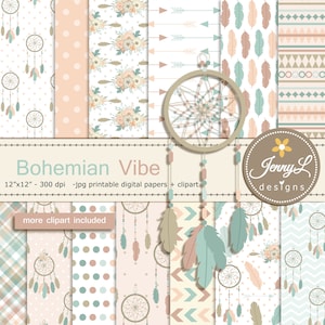 Carta digitale tribale Boho e acchiappasogni, Clipart di piume per scrapbooking digitale, adesivi, matrimonio, compleanno