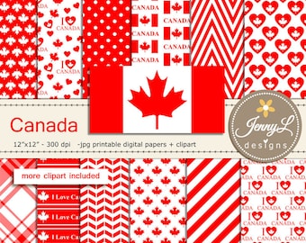 Canada Digital Papers and Canada Flag Clipart SET, Maple Leaf clipart for Digital Scrapbooking, invitations, Planners