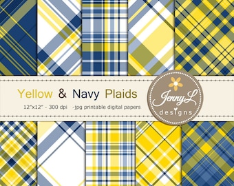 Yellow and Navy Blue Plaids Digital Papers, Tartan, Stripes Father's Day, Little Men, Boy, Guy, Masculine Digital Scrapbooking
