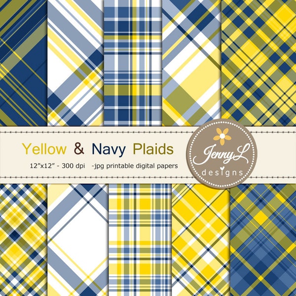 Yellow and Navy Blue Plaids Digital Papers, Tartan, Stripes Father's Day, Little Men, Boy, Guy, Masculine Digital Scrapbooking