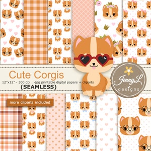 Corgi Dog SEAMLESS Digital Papers and Clipart SET, Puppy, Doggie Animal for Digital Scrapbooking, Repeat Pattern, Background Pattern