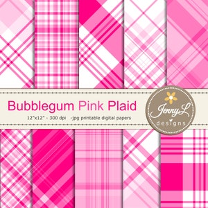 Bubblegum Pink Plaids Digital Papers, Digital Scrapbooking Paper, Surface pattern background paper for invitations background
