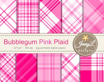Bubblegum Pink Plaids Digital Papers, Digital Scrapbooking Paper, Surface pattern background paper for uitnodigings background