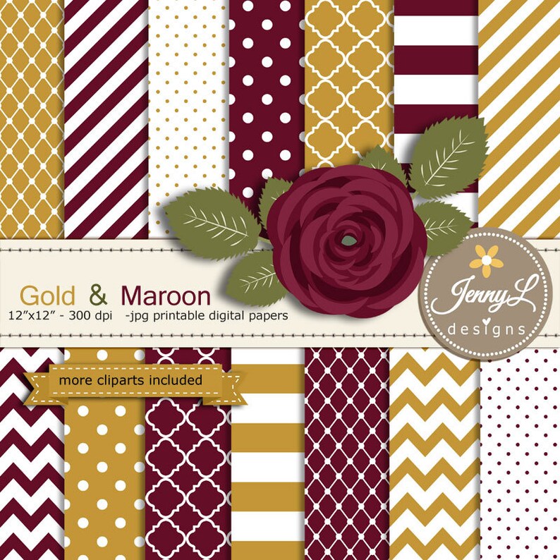 Gold and Maroon Digital Paper Maroon Rose Flower Clipart for Etsy
