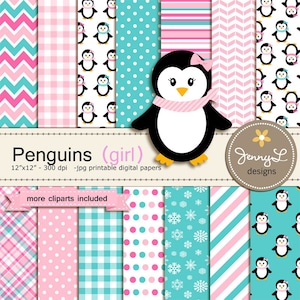 Papel digital y clipart de niña pingüino, pingüinos de nieve de invierno para baby shower, cumpleaños y fiesta de papel de scrapbooking.