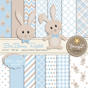 Bunny Rabbit Digital papers, Boy Bunny Clipart SET,Bunny Baptism, Birthday, Baby Shower, Easter, Blue and Brown Theme, Animal Digital Paper,