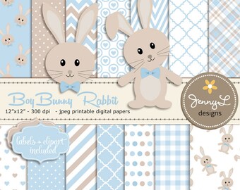 Bunny Rabbit Digital papers, Boy Bunny Clipart SET,Bunny Baptism, Birthday, Baby Shower, Easter, Blue and Brown Theme, Animal Digital Paper,