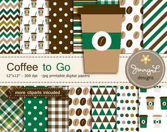 Coffee Digital papers and Coffee bean Clipart, Coffee Cup on the Go for Birthday, Scrapbooking Paper Party Theme,