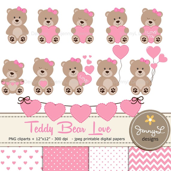 Teddy Bear Clipart, Baby Shower Teddy Papers, Baptism bear, Valentine Teddy Bear, Heart Balloon, Girl Teddy Bear paper, Bunting Heart Il_570xn