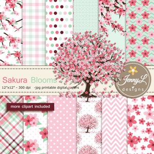 Kirschblüten Digitales Papier und Clipart, Frühling Korea Japanische Sakura für Hochzeit, Braut Babyparty, Geburtstagsfeier, digitales Scrapbook